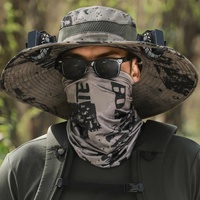Brown Camouflage Solar-Powered Cooling Wide Brim Hat - USB Rechargeable Dual Fan Fisherman Cap - UPF50+ Sun Protection and Quick-Dry Design for Men an