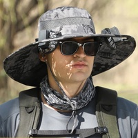 Gray Camouflage Solar-Powered Cooling Wide Brim Hat - USB Rechargeable Dual Fan Fisherman Cap - UPF50+ Sun Protection and Quick-Dry Design for Men and
