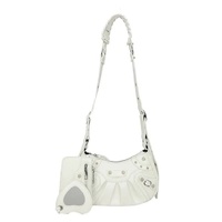 White Vintage Rivet Crescent Moon Bag with Card Holder &amp; Mirror, French Retro PU Leather Shoulder &amp; Crossbody Motorcycle Bag for Women