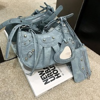 Blue Vintage Rivet Crescent Moon Bag with Card Holder &amp; Mirror, French Retro PU Leather Shoulder &amp; Crossbody Motorcycle Bag for Women
