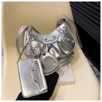 Silver Vintage Rivet Crescent Moon Bag with Card Holder &amp; Mirror, French Retro PU Leather Shoulder &amp; Crossbody Motorcycle Bag for Women