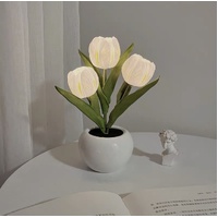 White Flowers USB Tulip Night Light - Bedroom Decor Table Lamp with PU Flowers &amp; Ceramic Pot, Perfect Gift for Family &amp; Friends