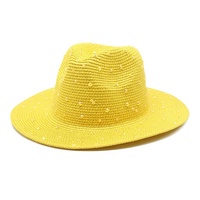 Yellow Women&#39;s Wide-Brim Straw Hat with Rhinestones - Elegant and Breathable Sun Hat for Summer Outdoors,M（56-58cm）