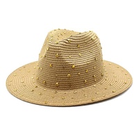 Khaki Women&#39;s Wide-Brim Straw Hat with Rhinestones - Elegant and Breathable Sun Hat for Summer Outdoors,M(56-58cm)