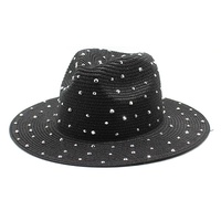 Black Women&#39;s Wide-Brim Straw Hat with Rhinestones - Elegant and Breathable Sun Hat for Summer Outdoors,M(56-58cm)