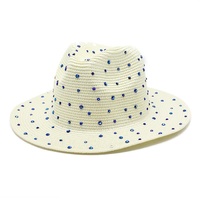 Milky white Women&#39;s Wide-Brim Straw Hat with Rhinestones - Elegant and Breathable Sun Hat for Summer Outdoors,M(56-58cm)