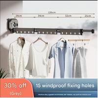 Grey Wall-Mounted Foldable Clothes Drying Rack - 3-Section Aluminum with 15 Windproof Hooks
