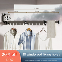 Grey Wall-Mounted Foldable Clothes Drying Rack - 2-Section Aluminum with 10 Windproof Hooks