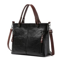 Black Women&#39;s Classic PU Leather Tote Bag with Double Handles - Multi-Pocket Shoulder Bag in Black