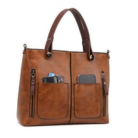 Brown Women&#39;s Classic PU Leather Tote Bag with Double Handles - Multi-Pocket Shoulder Bag in Black