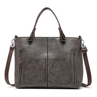 Grey Women&#39;s Classic PU Leather Tote Bag with Double Handles - Multi-Pocket Shoulder Bag in Black