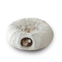 Grey Luxury Plush Cat Bed with Hidden Tunnel - Soft Round Pet Bed for Cats and Small Dogs