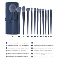 Dark Blue 12-Piece Professional Makeup Brush Set with Cosmetic Bag - Premium Synthetic Fiber, Wooden Handle, Aluminum Tube