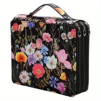 Black Background + Flowers Pattern 124-Slot Large Capacity Zippered Pencil Case - Triple-Layer Oxford Fabric Organizer for Colored Pencils, Art Suppli