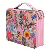 Pink Background + Flowers Pattern 124-Slot Large Capacity Zippered Pencil Case - Triple-Layer Oxford Fabric Organizer for Colored Pencils, Art Supplie