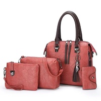 Pink 4-Piece Women&#39;s PU Leather Tote Bag Set - Vintage Handbag, Shoulder Bag, Clutch, and Card Holder - Lightweight Design