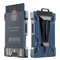 1 Pcs Blue Premium RFID Blocking Aluminum Alloy ID Badge Holder with Transparent Card Slot &amp; Money Clip